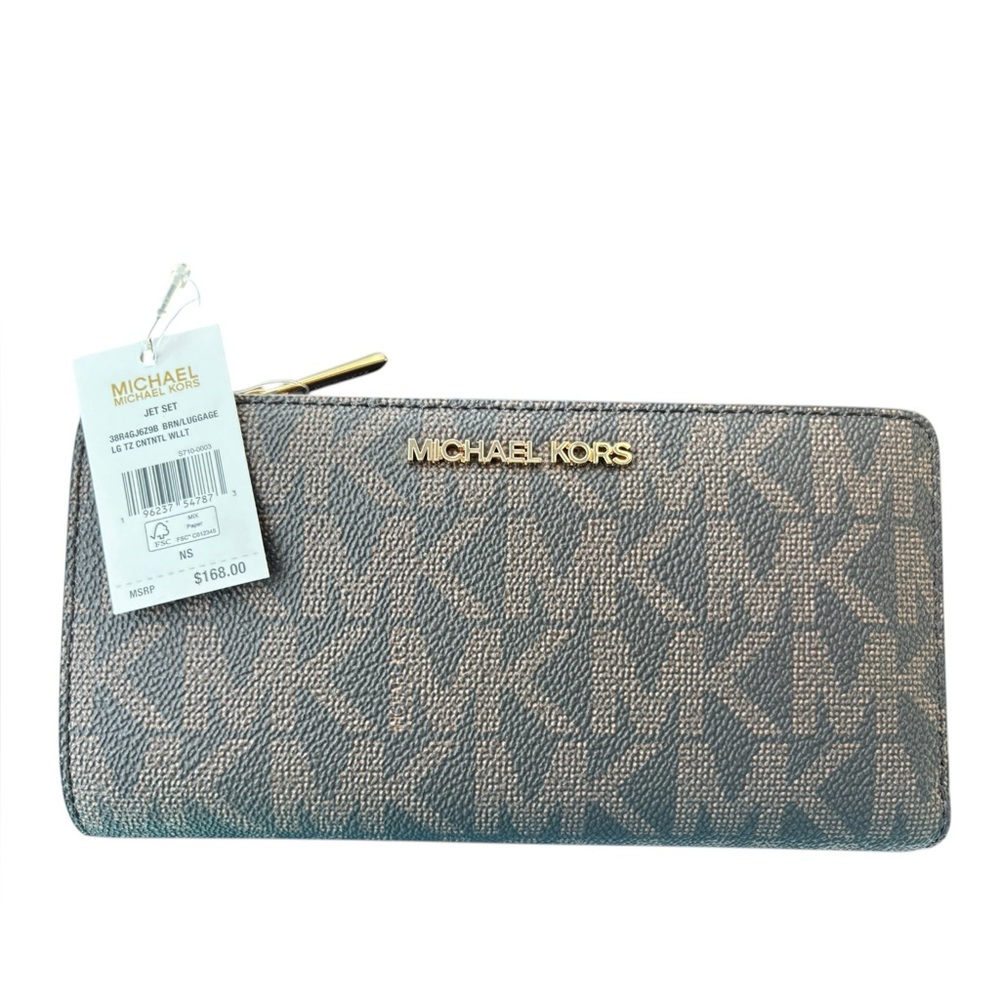 Michael Kors Monogram Continental Wallet in Brown and Tan with Gold Hardware